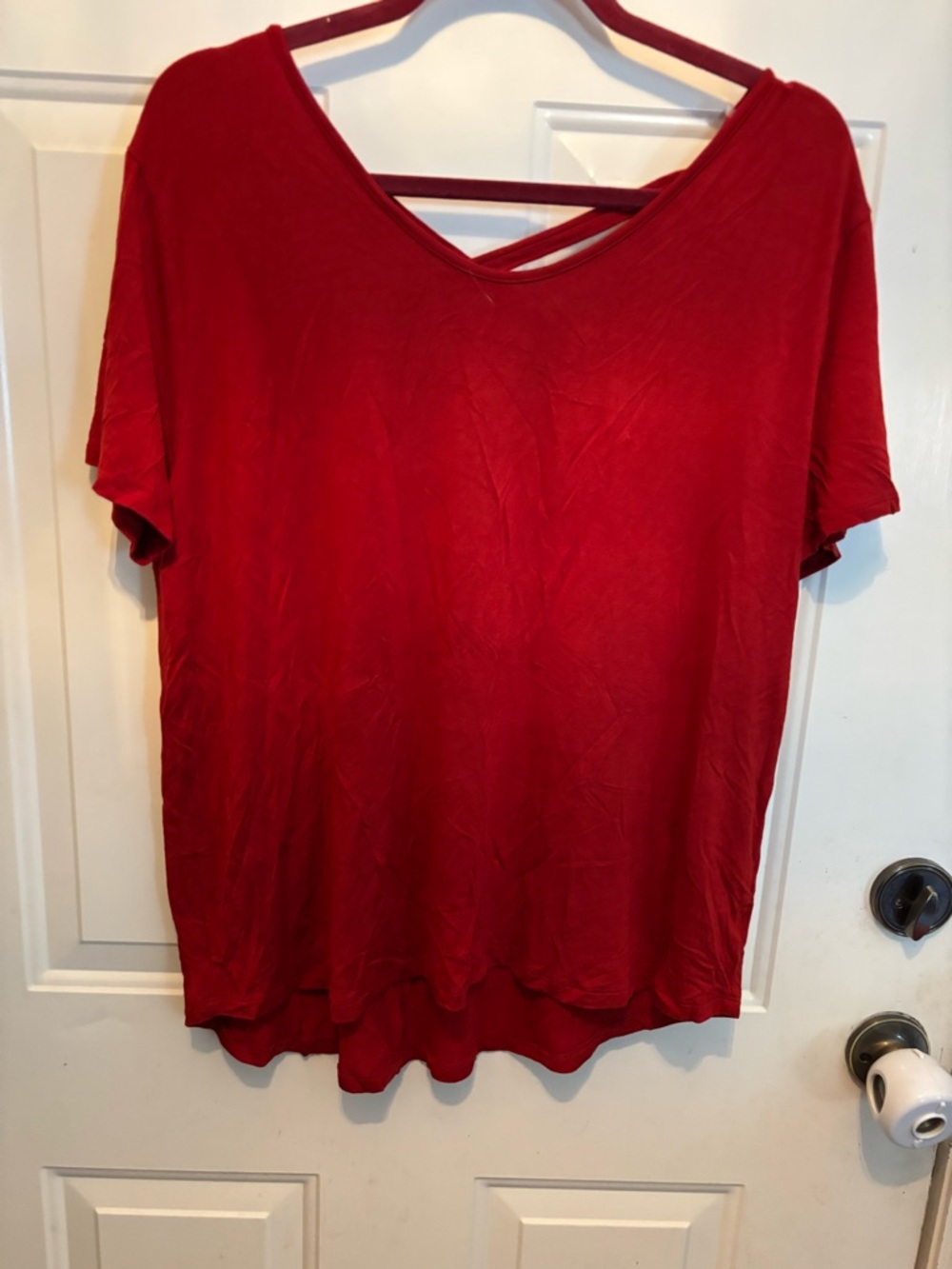 Pink Clover Red V-Neck Short Sleeve Tee with Cross Strap Back